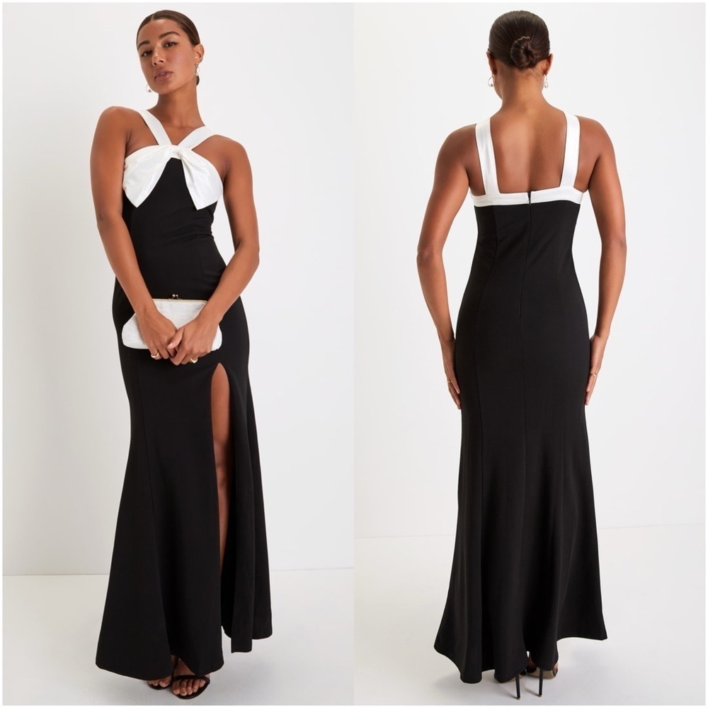 LULU’S Luxurious Outlook Black And White Bow Mermaid Maxi Dress